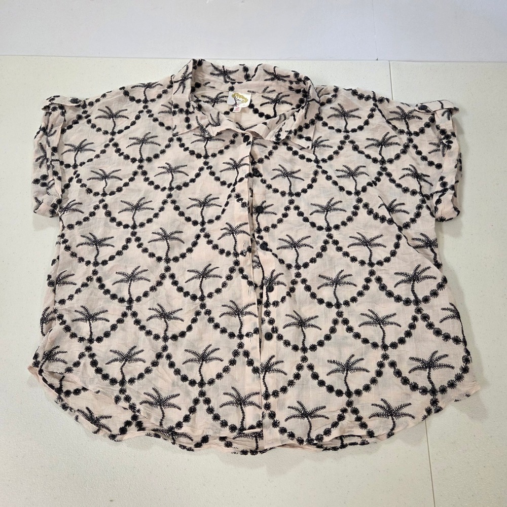 Fig and Flower Palm Tree Embroidered Button Down Shirt XL Cream Black S/S